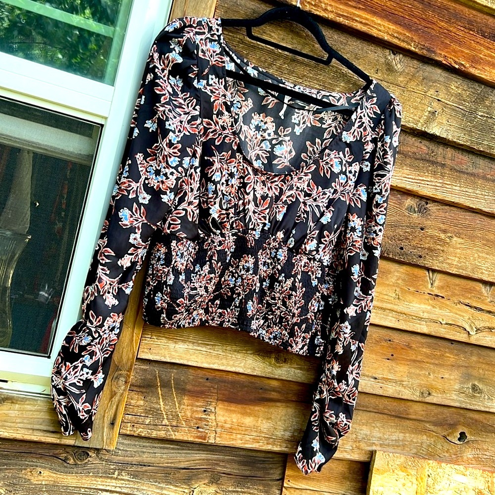 Free People Black Floral Long Sleeve Smocked Waist Blouse